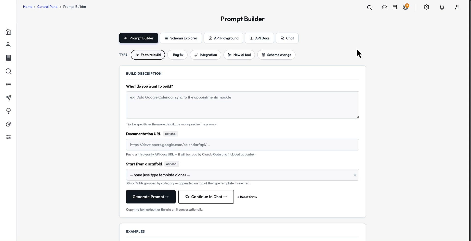 The AI Developer prompt builder — describe a feature and it assembles a Claude Code-ready build prompt.