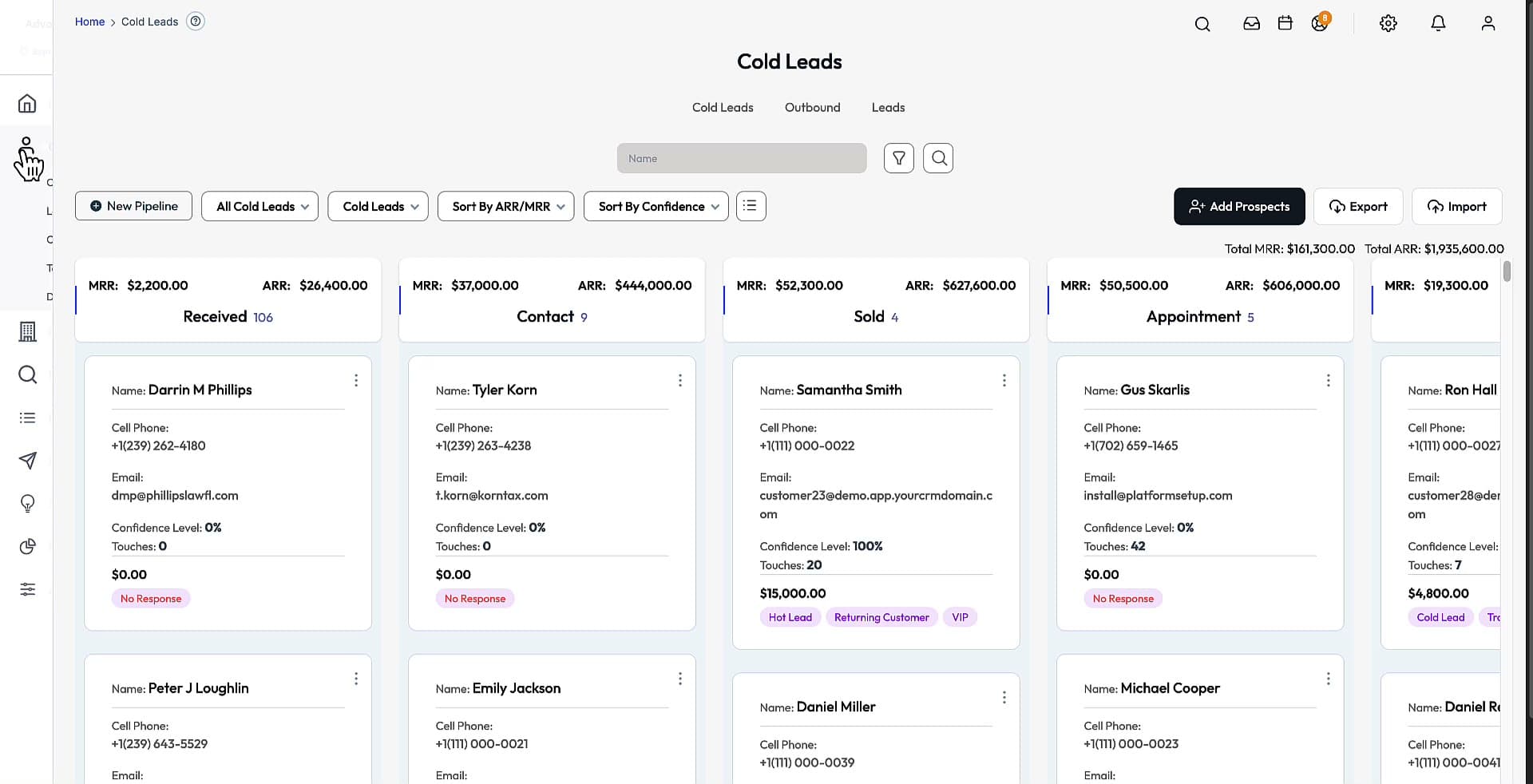 Pipeline board with deals grouped by stage.