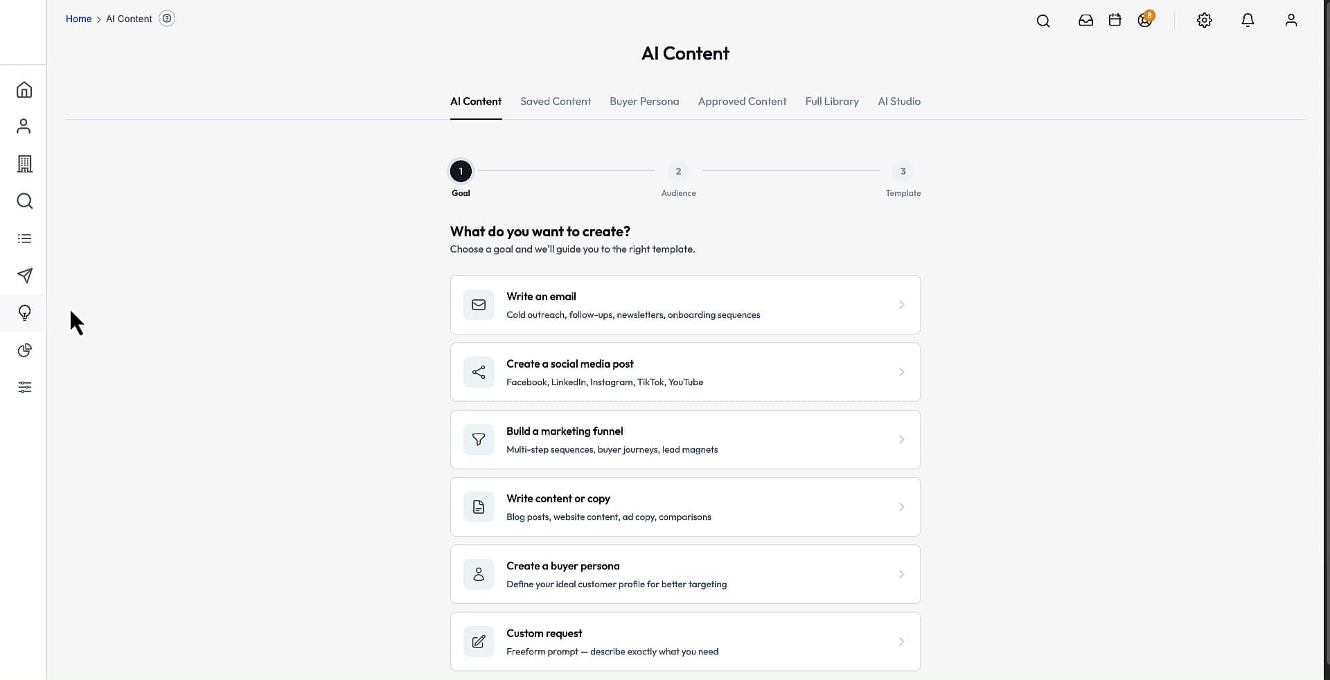 AI Studio — the guided AI content builder: choose a goal such as an email, social post or funnel, then an audience and a template.