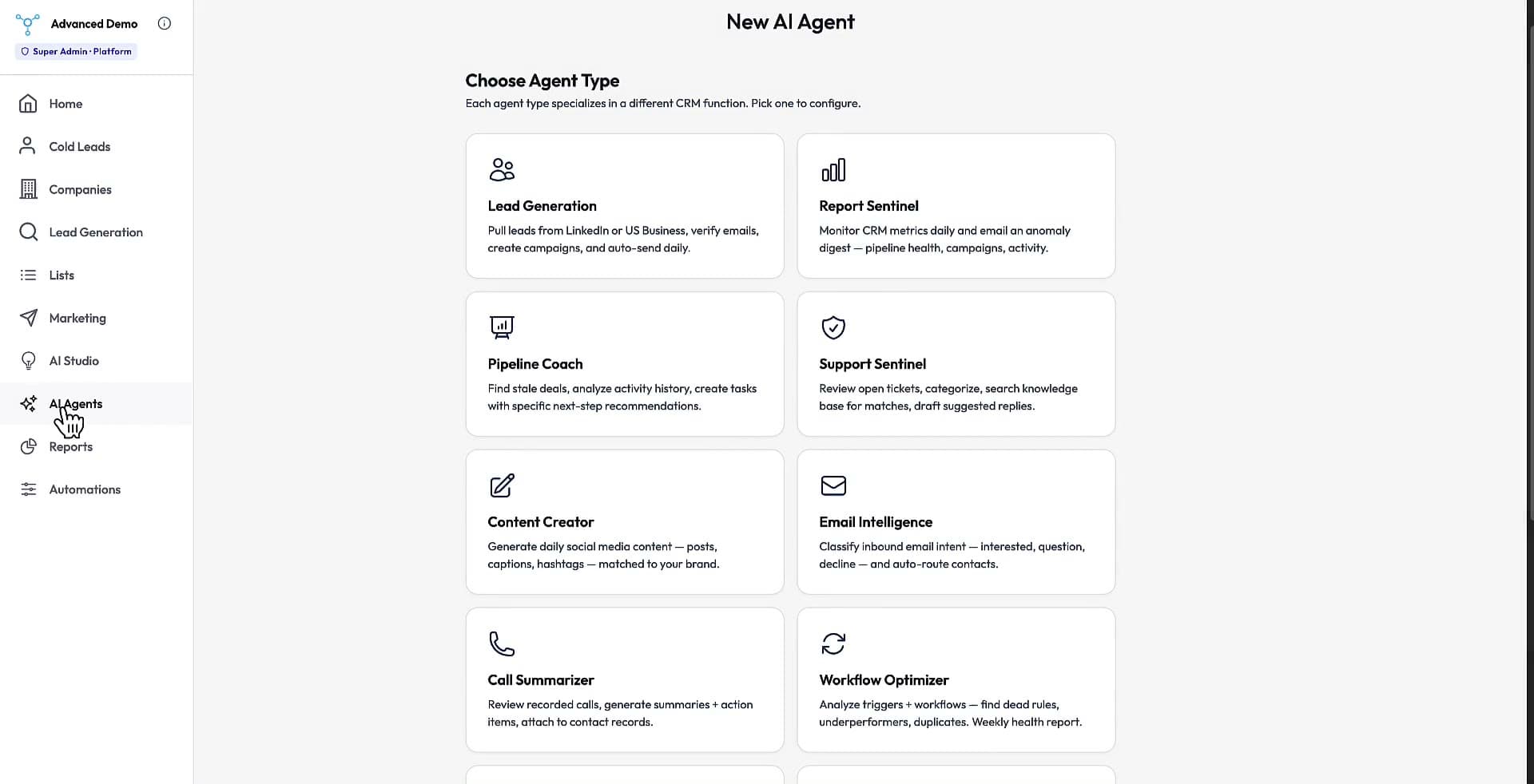 The AI agents screen — always-on agents monitoring CRM events and firing workflows.