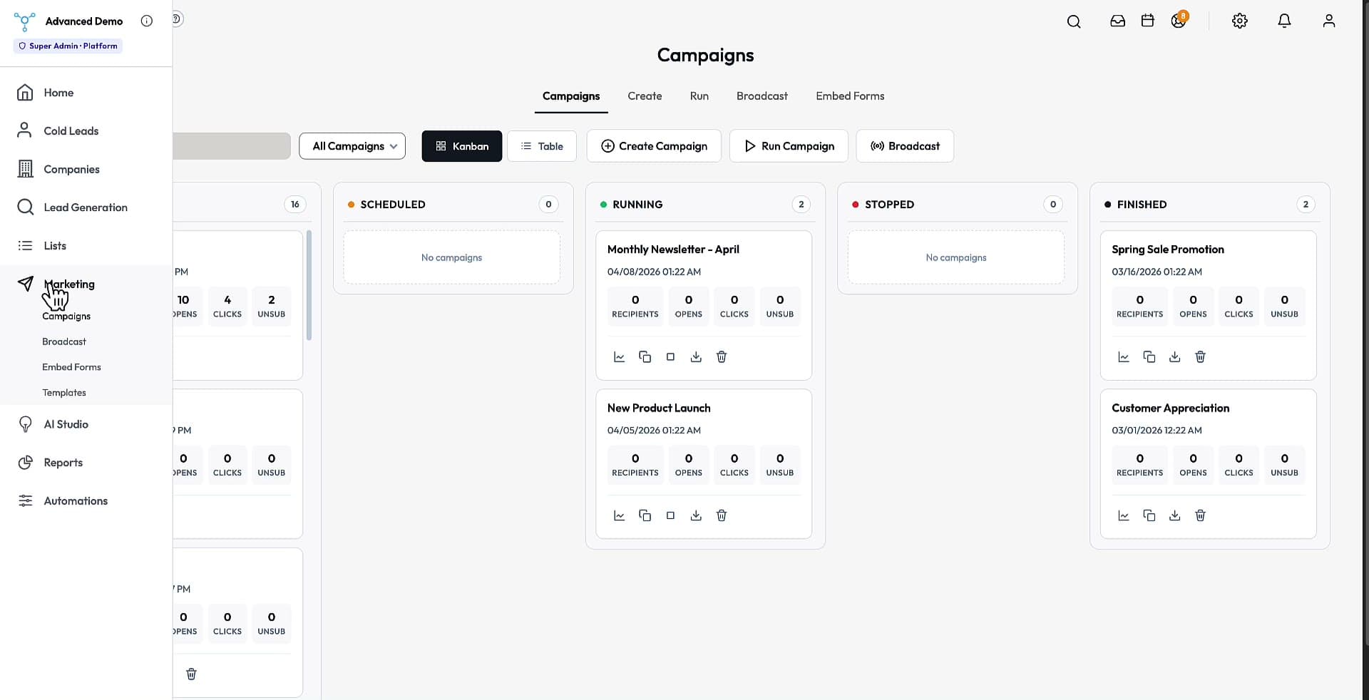 Campaign builder — multi-step sequences with scheduling and suppression.