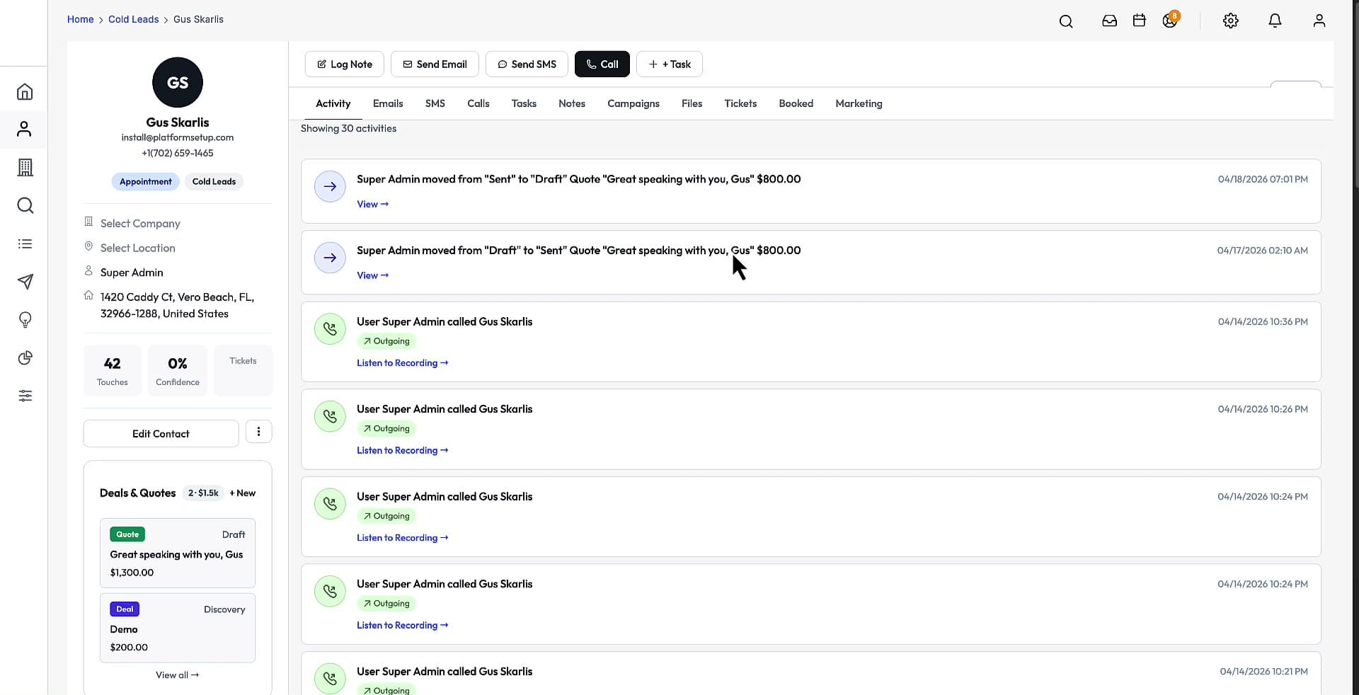 A contact record with the full activity history, custom fields and deals.