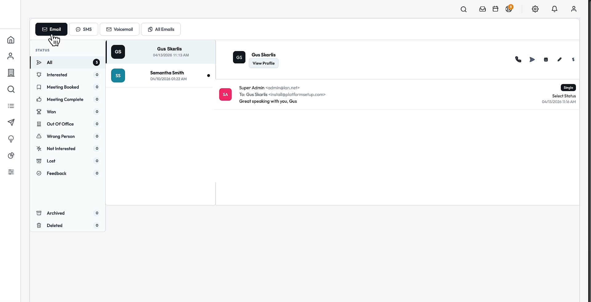 The unified inbox — email, SMS and call activity against one contact timeline.