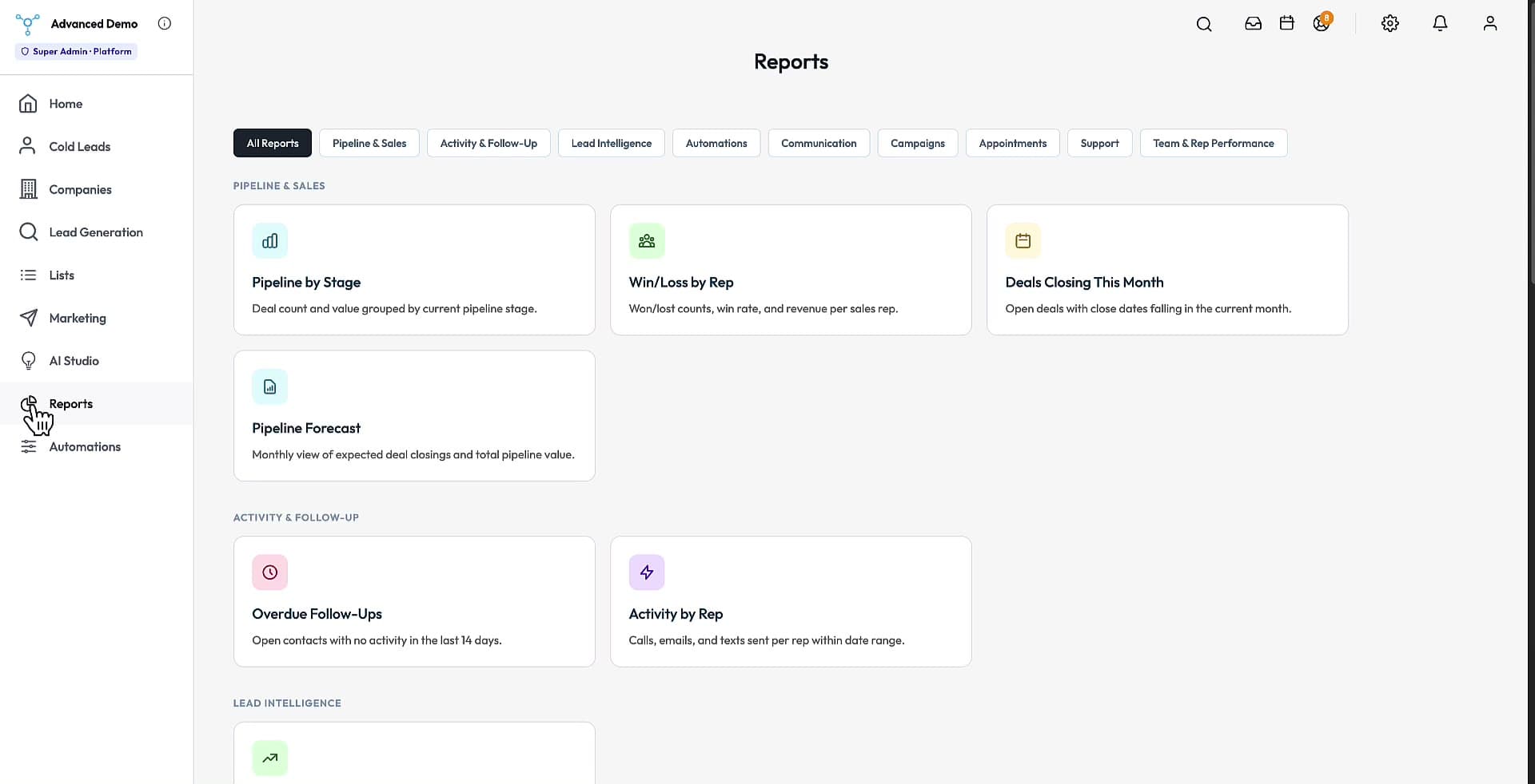 Reporting — pipeline, activity and campaign performance.