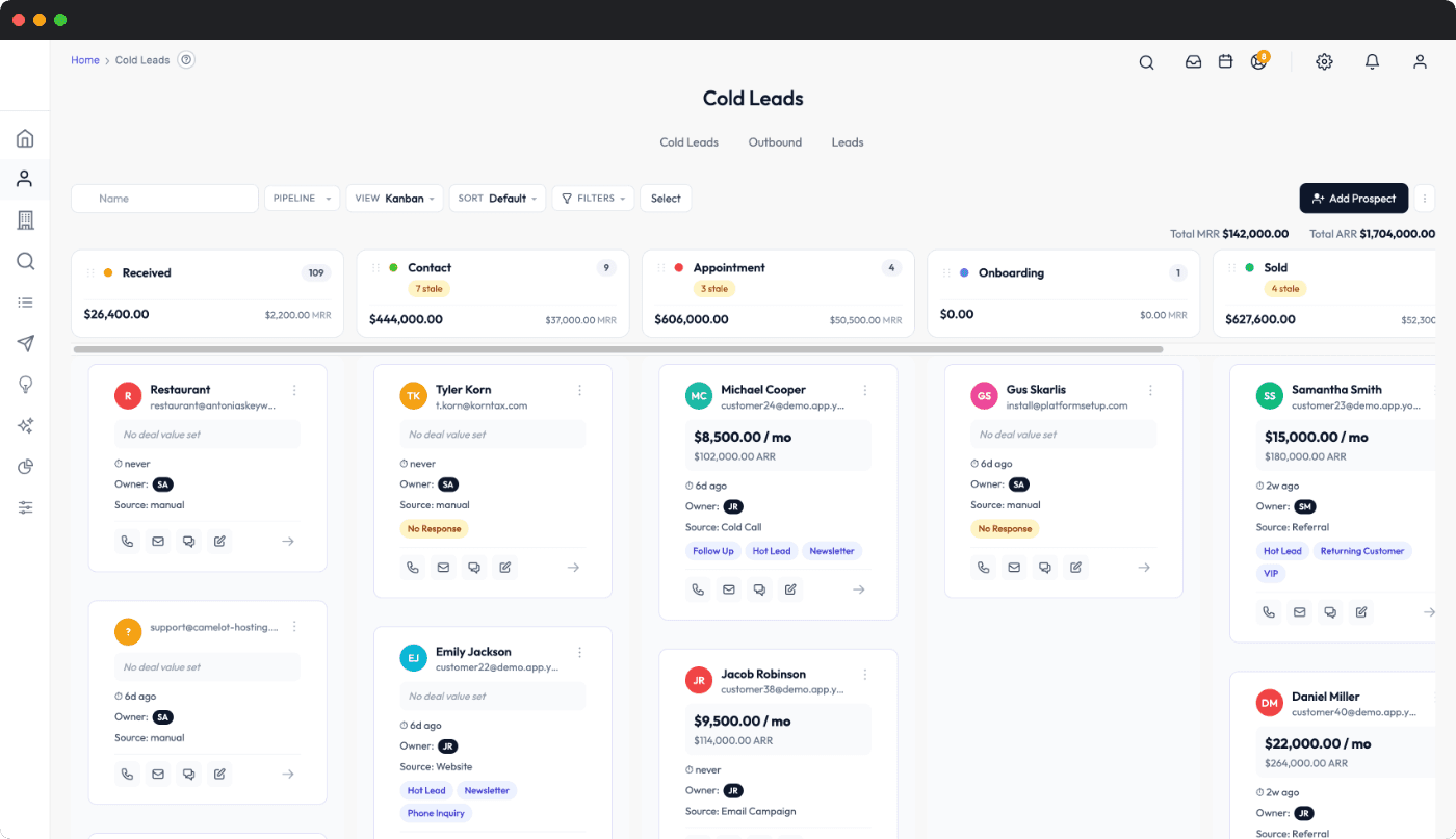 The cold-leads browser filtering the B2B contact database.