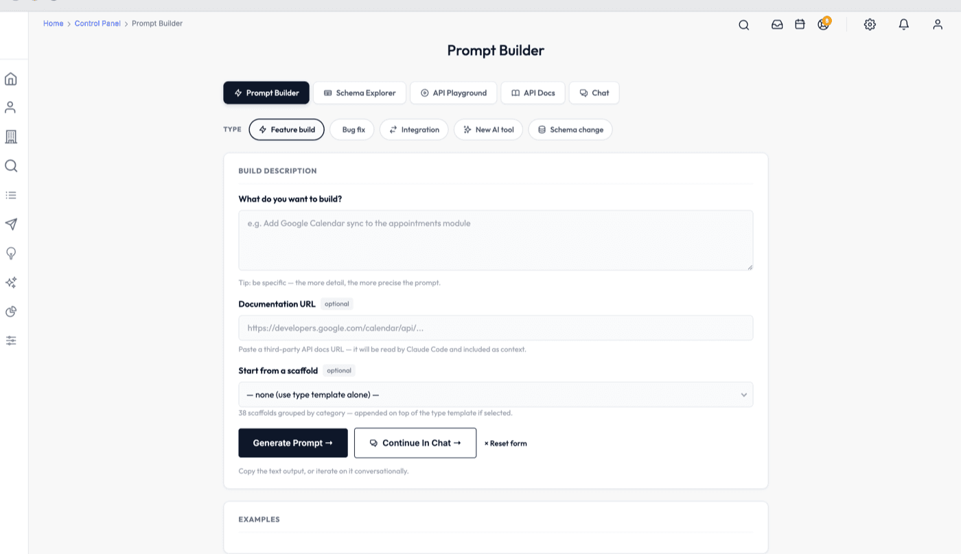 The prompt builder assembling a build prompt with live schema and file context attached.